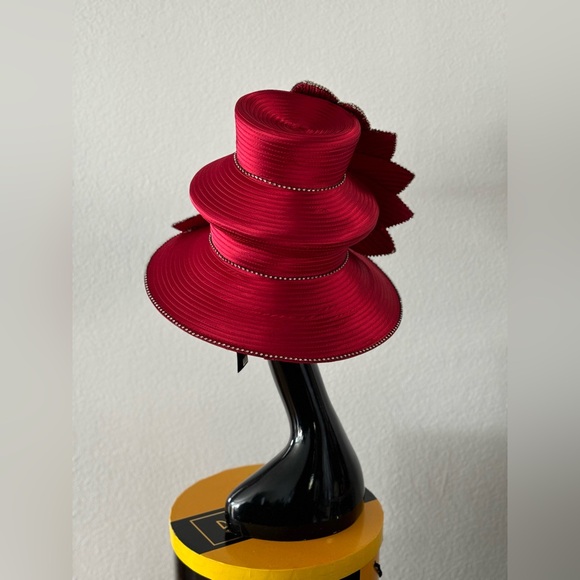 Donna Vinci Couture Red Two Tier Hat with Rhinestones - Picture 4 of 13